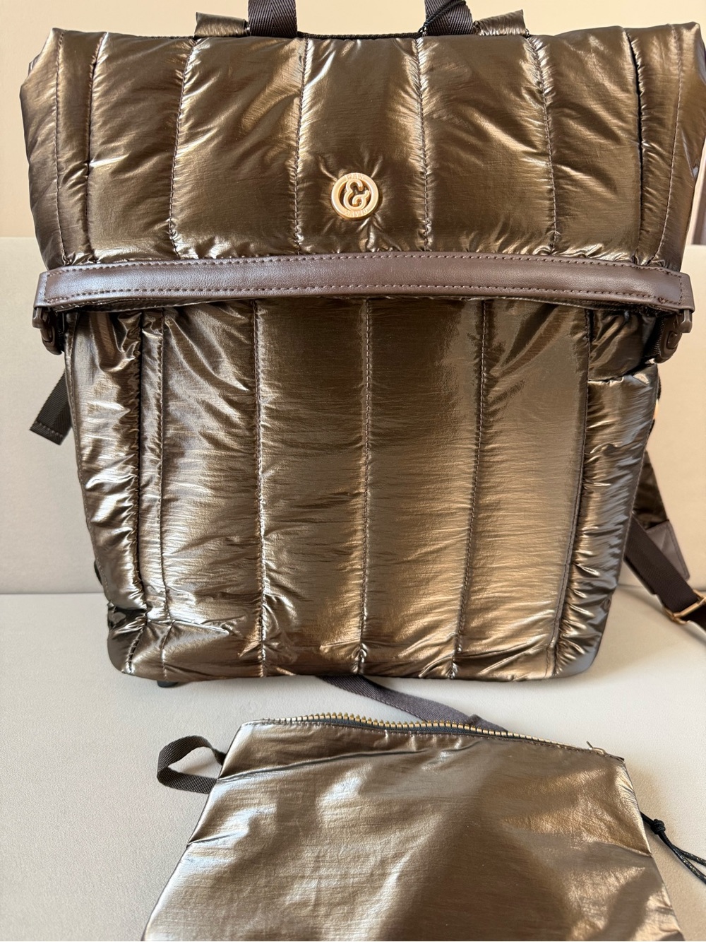 Quilted Metallic Brown Backpack with Pouch
